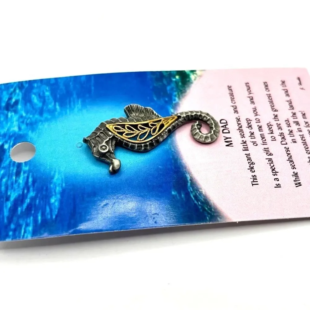 Dad Mixed Metal Gold and Silver Filigree Seahorse Lapel Pin Brooch